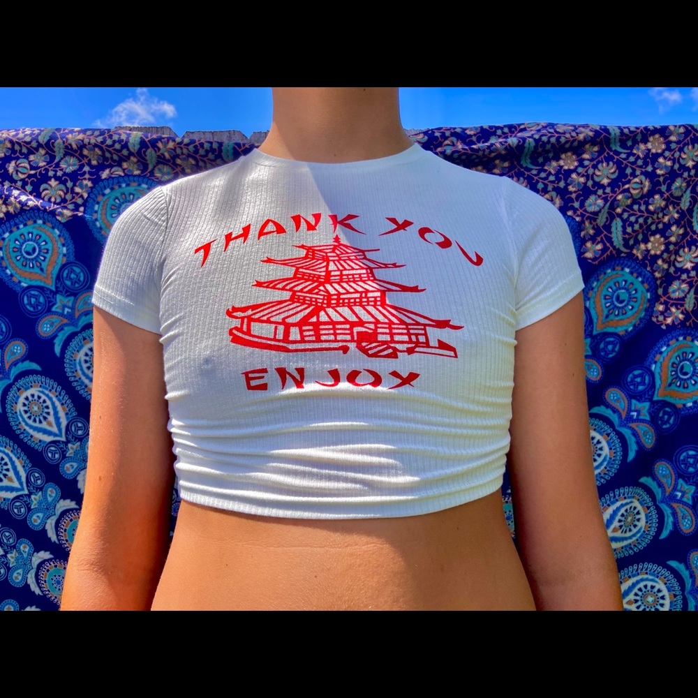 white “thank you enjoy” crop top